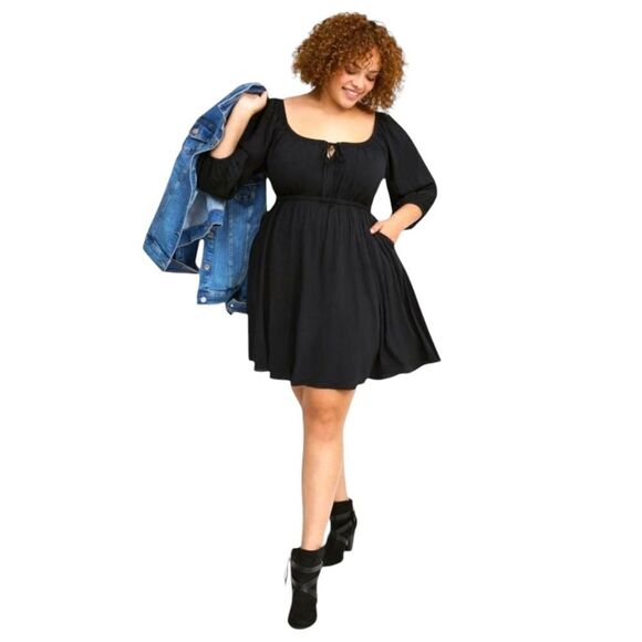 torrid Dresses & Skirts - TORRID MINI 3/4 Sleeve Tie Front detail Babydoll Dress Deep Black Size 2X